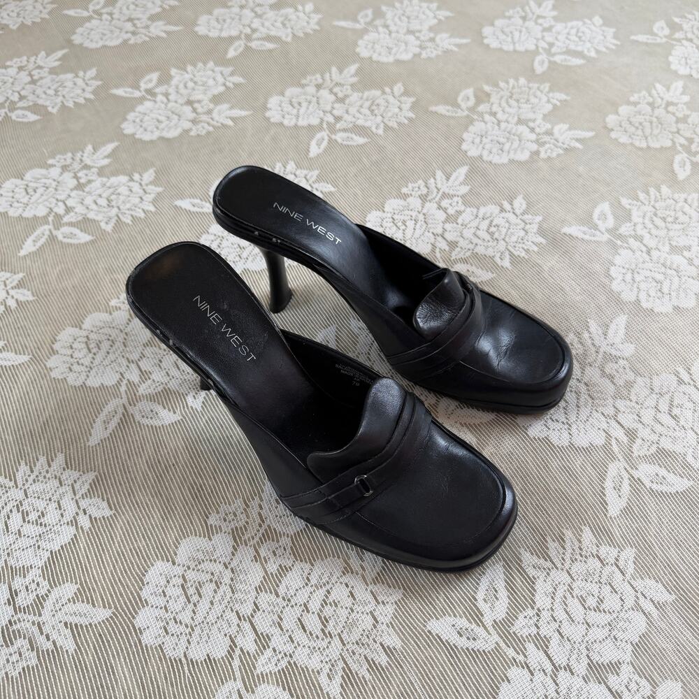 Nine West Black Leather Loafer Mule Heels Size 7M - Picture 2 of 5